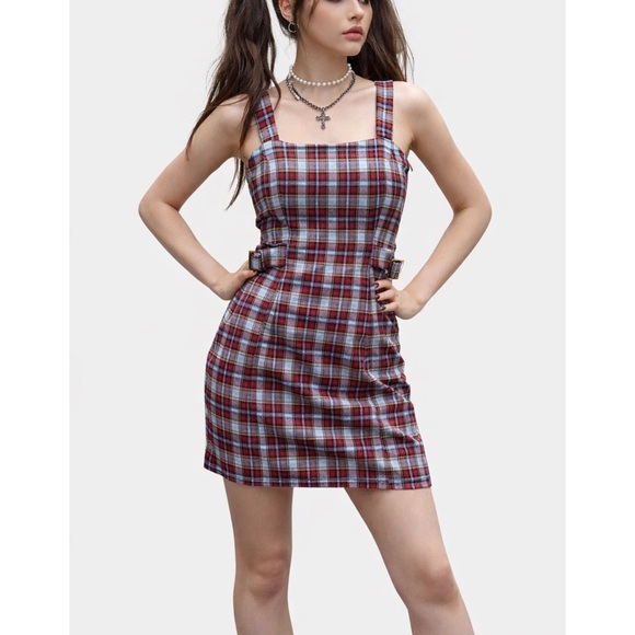 live to be spoiled Dresses & Skirts - Y2K Preppy Plaid Mini Jumper Dress Tartan Square Neck Buckle Large Grunge
